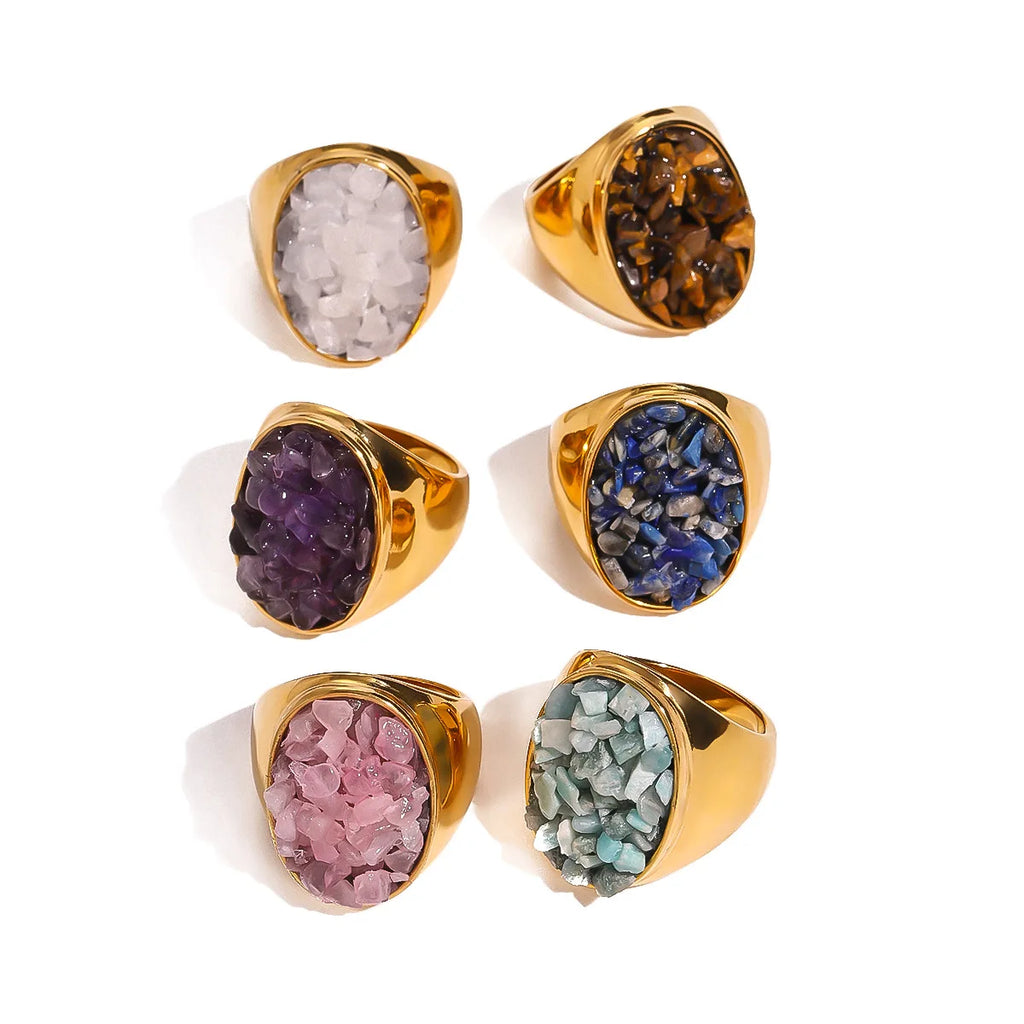 Stainless Steel Shine Inlaid Natural Crystal Geometric Rings Stainless Steel Skin-Friendly 18K Gold-plated Waterproof Jewelry
