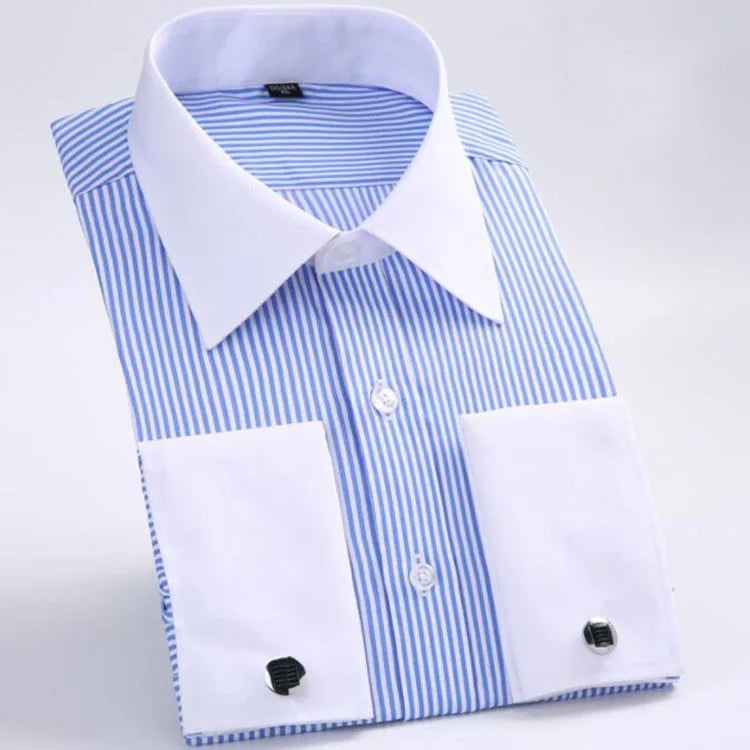Fashion Mens French Cuff Dress Shirt New Long Sleeve Formal Business Buttons Shirts Regular Fit Cufflinks Wedding Tuxedo Shirt