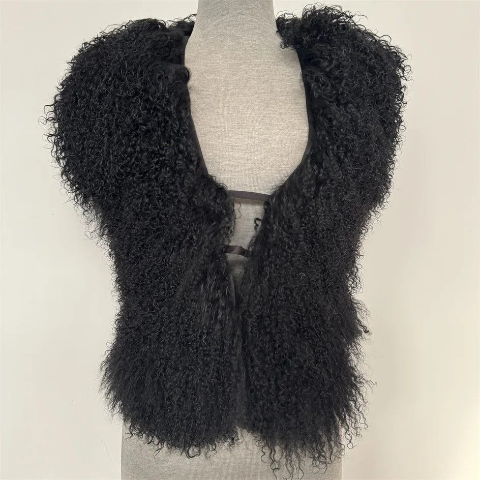Streetwear Real Mongolian Sheepskin Fur Vest Women Real Sheep Fur Halter Top Vest