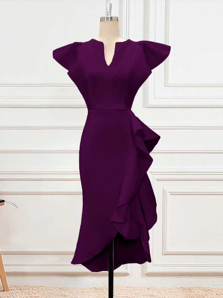 A80081 Manufacturer High Waisted Cap Sleeve Ruffles Midi Evening Dress Women