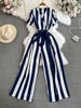 Wholesale 2026 Spring Temperament Short Sleeved V-neck Striped Casual High Waist Slim Straight Women's Jumpsuit