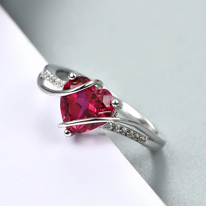 2.25 Carats 925 Sterling Silver Red Heart Solitaire Rings for Women Wedding Engagement Jewelry