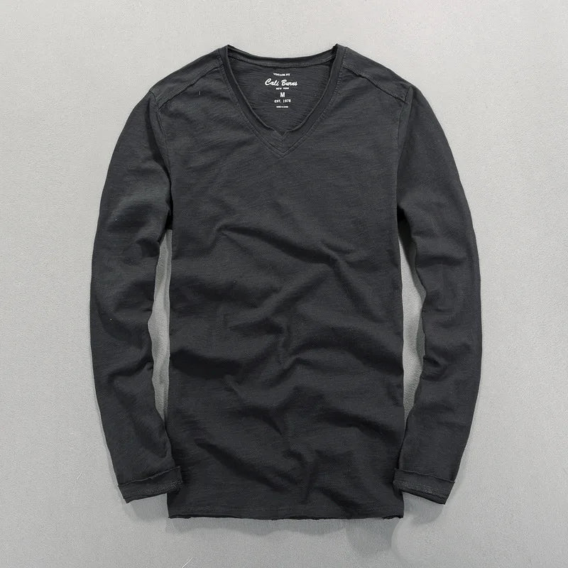 Fashionable Bamboo Cotton Long Sleeve Vintage T-shirts Men Casual Thin Tops Tees Comfortable Tshirt Distressed T-shirt