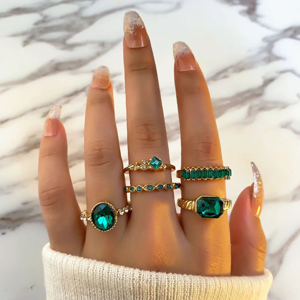 Wholesale New Fashion Green Stone butterfly Snake Gold Ring Set for Women Jewelry Heart Diamond Finger Knuckle Rings Set
