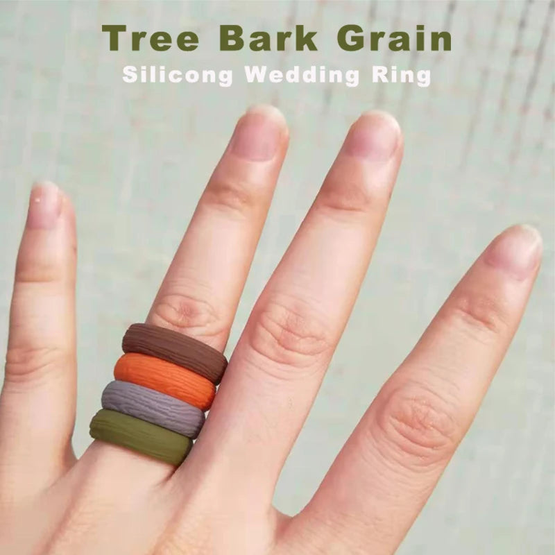 10 PCS PackNew Design Morandi Natural Tree Bark Pattern Rubber Engagement Bands Silicone Wedding Rings Jewelry Women