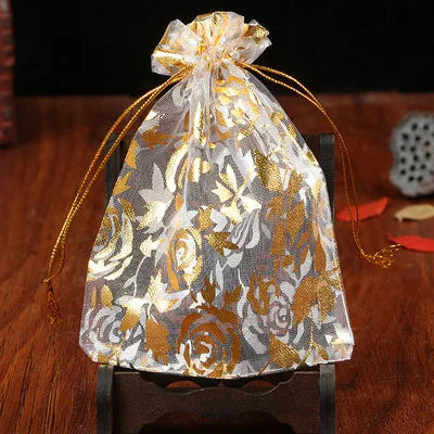 100pcs/lot 7x9 9x12 11x16 13x18cm Printing Roses Love Christmas Organza Bags Drawstring Gift Bag Charm Jewelry Packaging Bags