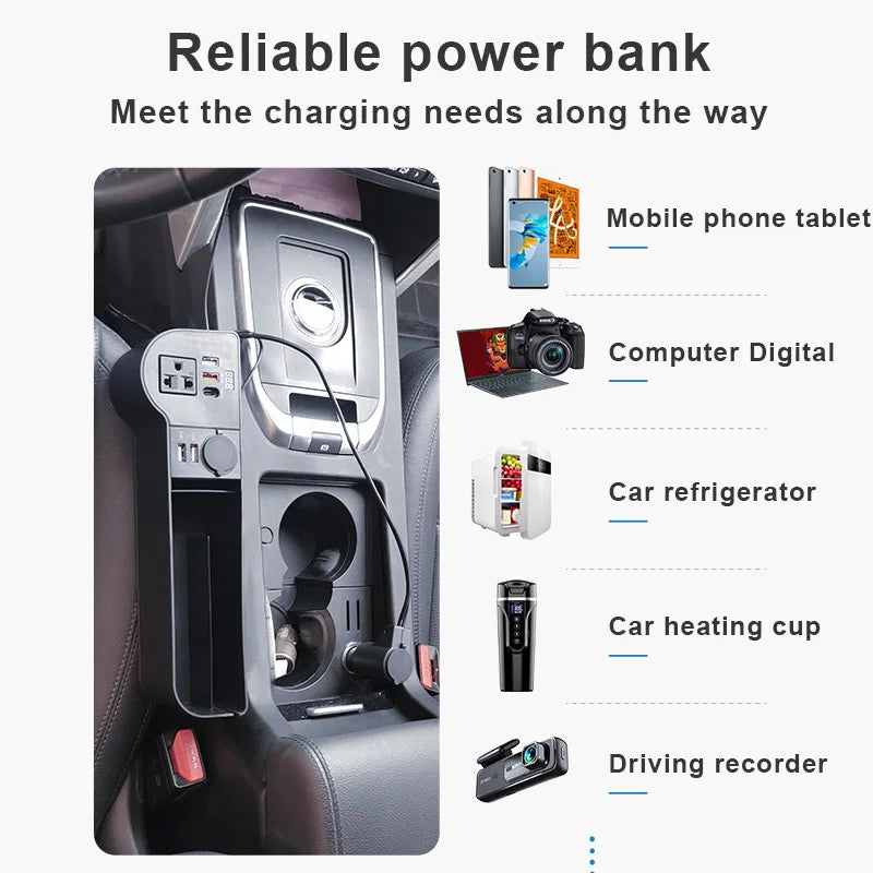 SEAMETAL Car Organizer with 12V/24V to 220V Inverter Seat Crevice Storage Box 4-USB Ports QC3.0 Fast Charging for Smartphone