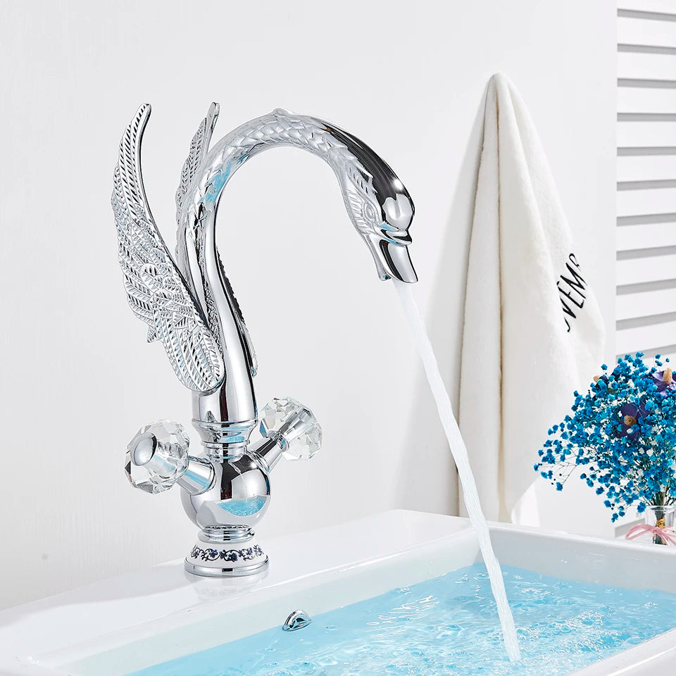 Luxury Gold Swan Basin Faucet Deck Mounted Bathroom Faucet Hot and Cold Water Mixer Tap Bath Water Faucet Basin Sink Taps