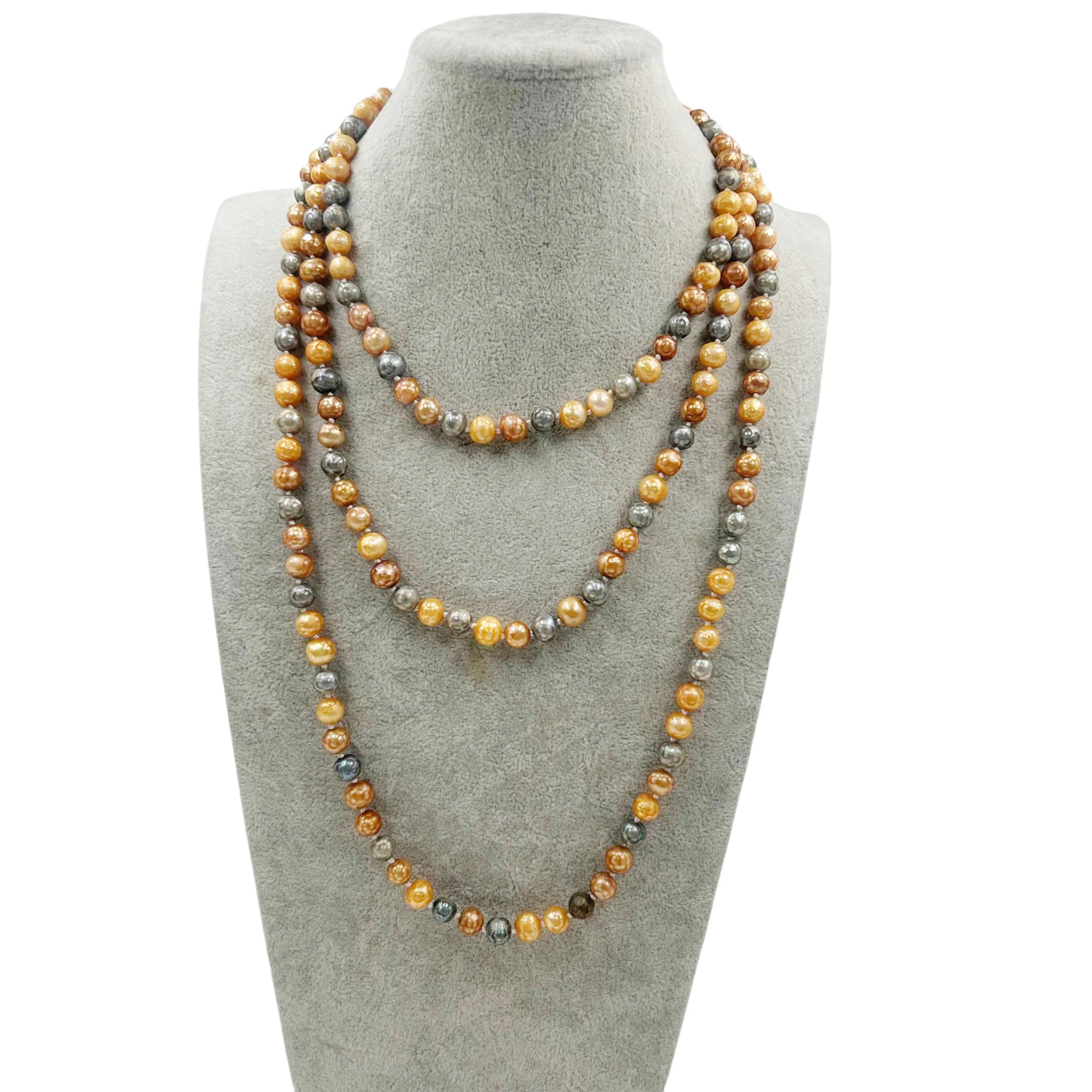 63 Inch /160 CM LONG PEARL Sweater  NECKLACE 100% NATURAL FRESHWATER Keshi Baroque PEARL 7-8 mm Near Round Pearl Knotted Beads