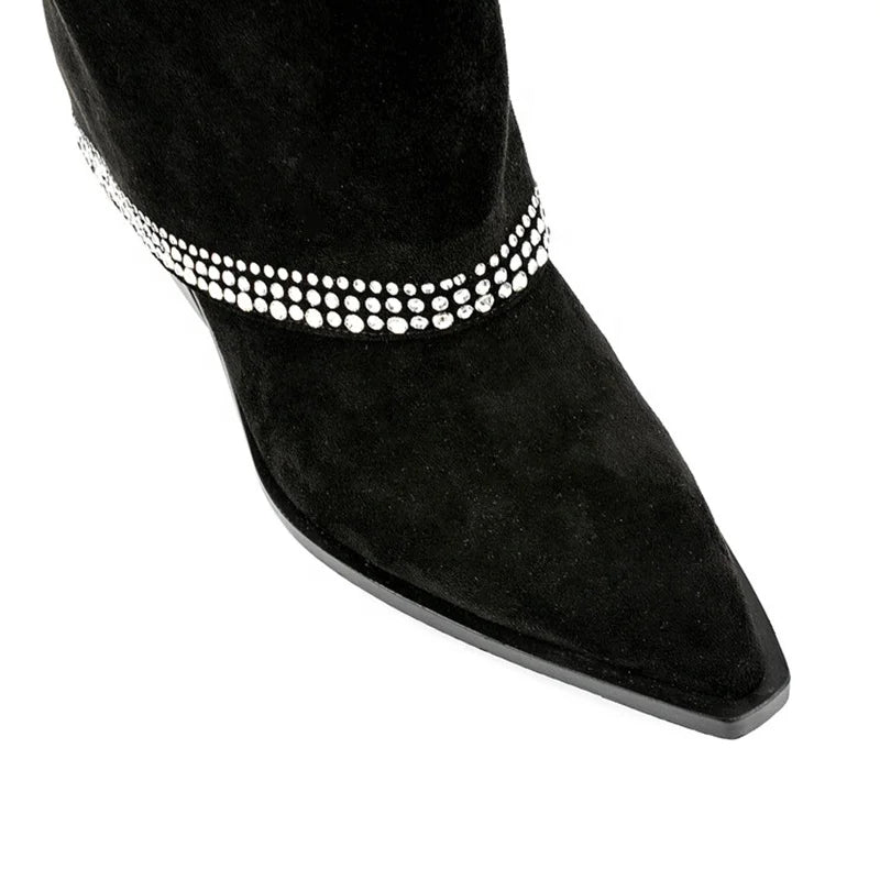 Shark Lock Soft Flock Long Booties Overlay Women's Bling Diamonds Knee High Boots Low Square Heels Shoes Big Size 45 Wide Fit