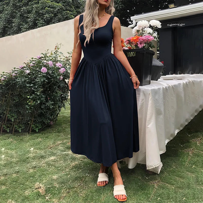 2025 Summer Women Tie Dye Midi Dress Square Neck Sleeveless Pleated Casual Beach Party Outfit