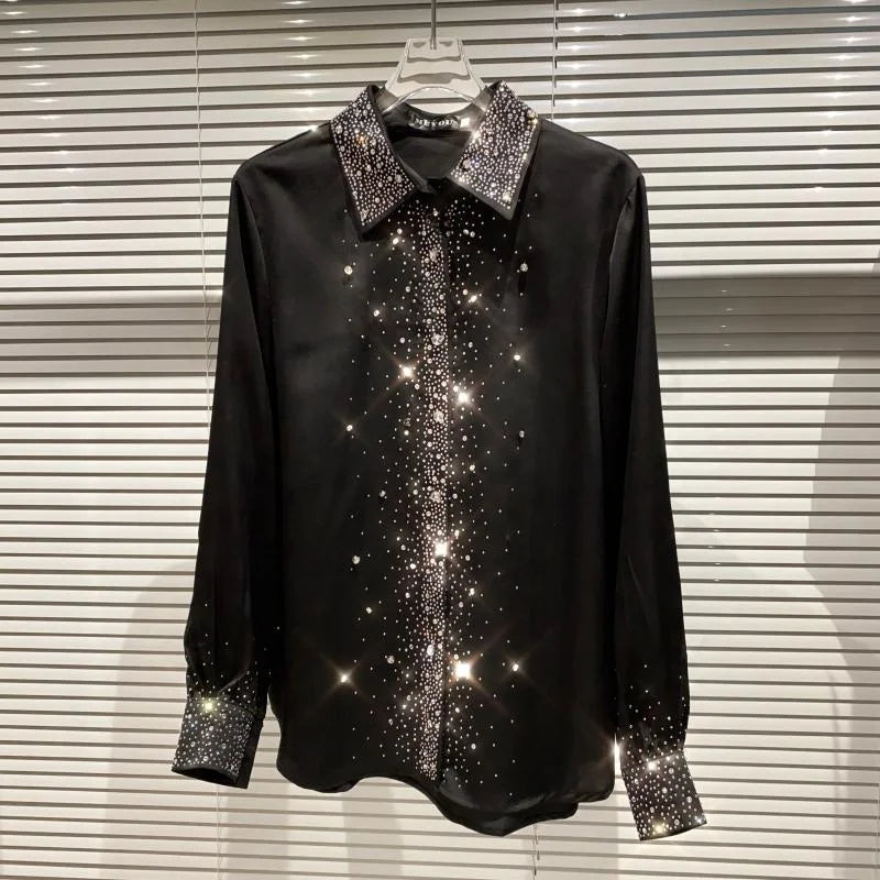 OUDINA New Style Starry Rhinestones Hot Diamond Long Sleeve Blouse Cotton Custom Polo Shirt Shirts for Women