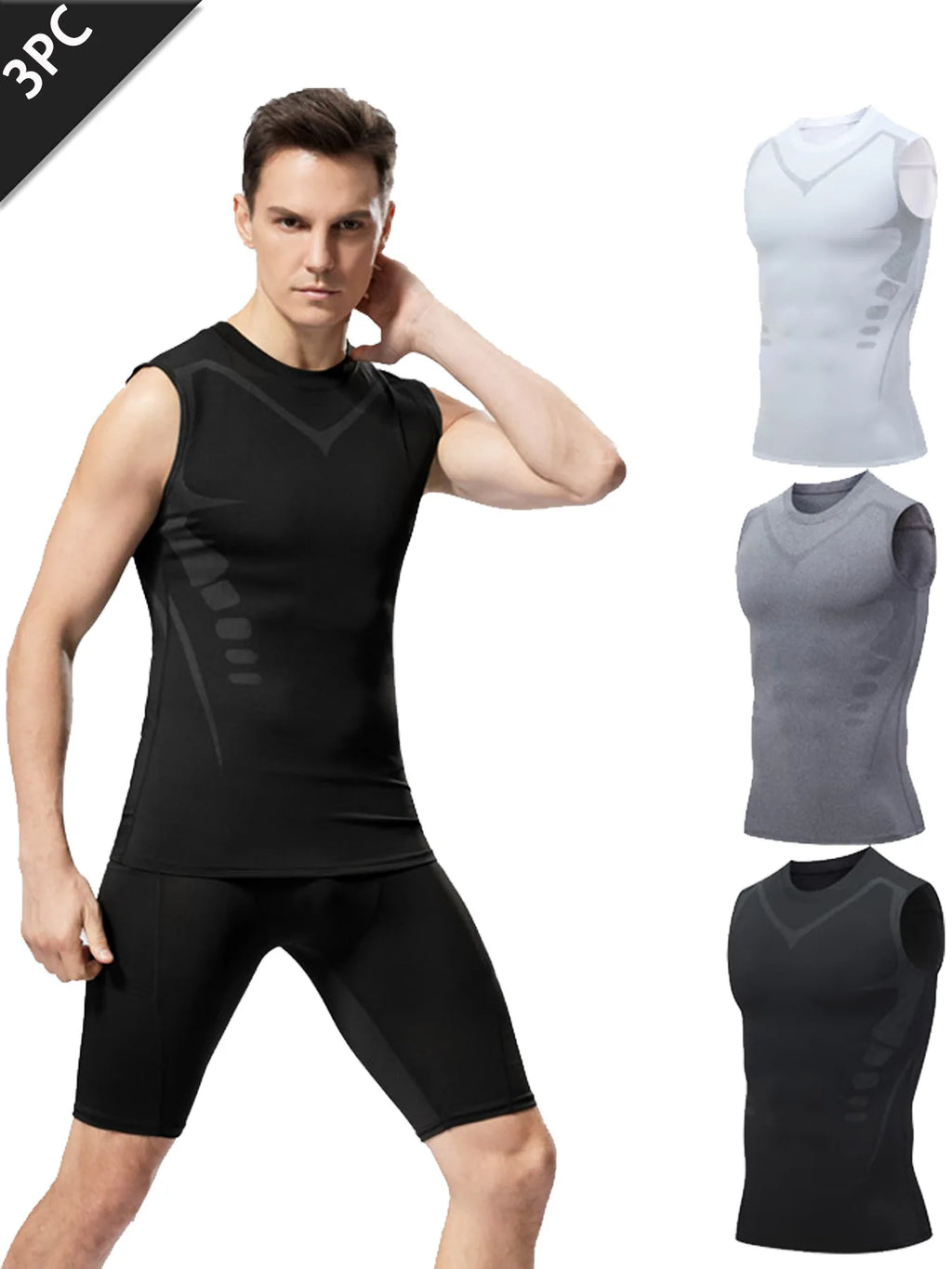 USA Warehouse 3 Pack Men's Sleeveless Shirts Dry Fit Athletic Base Layer Tank Top Sports Running Gym Workout Shirts Compression