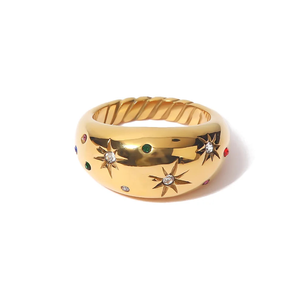 Fashion Waterproof 18K Gold Plated Stainless Steel Jewelry White Cubic Zirconia Star Chunky Rings for Women