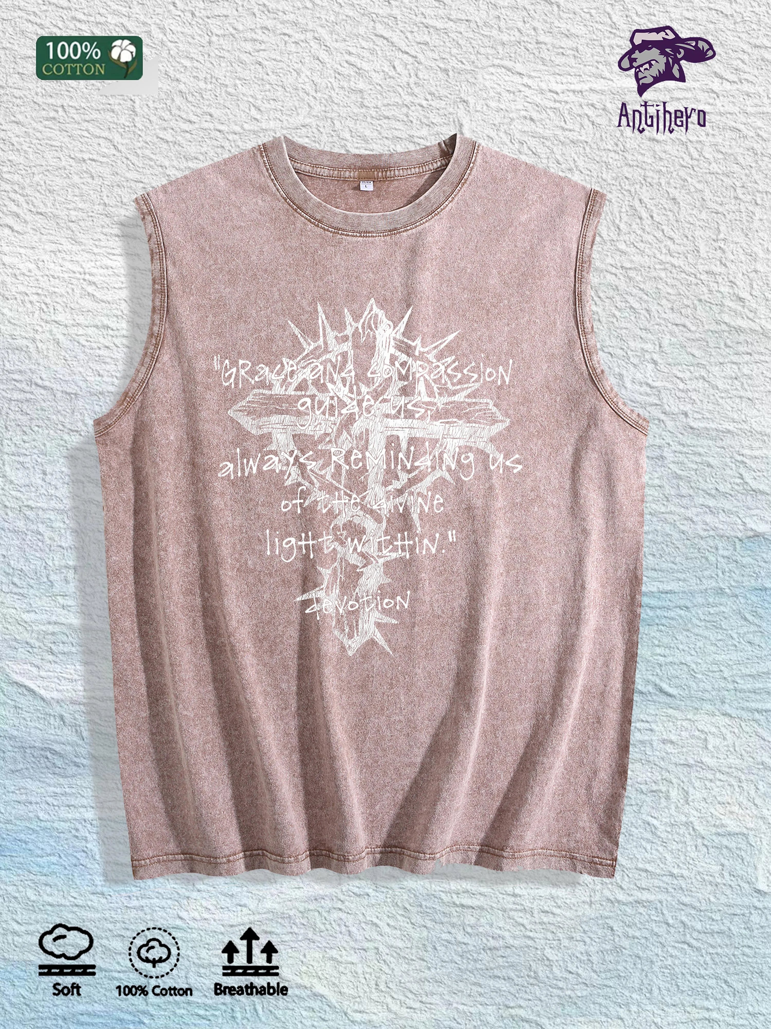 Grace Compassion Cross Graphic Washed Vest US Warehouse 3 Colors Cotton Tank