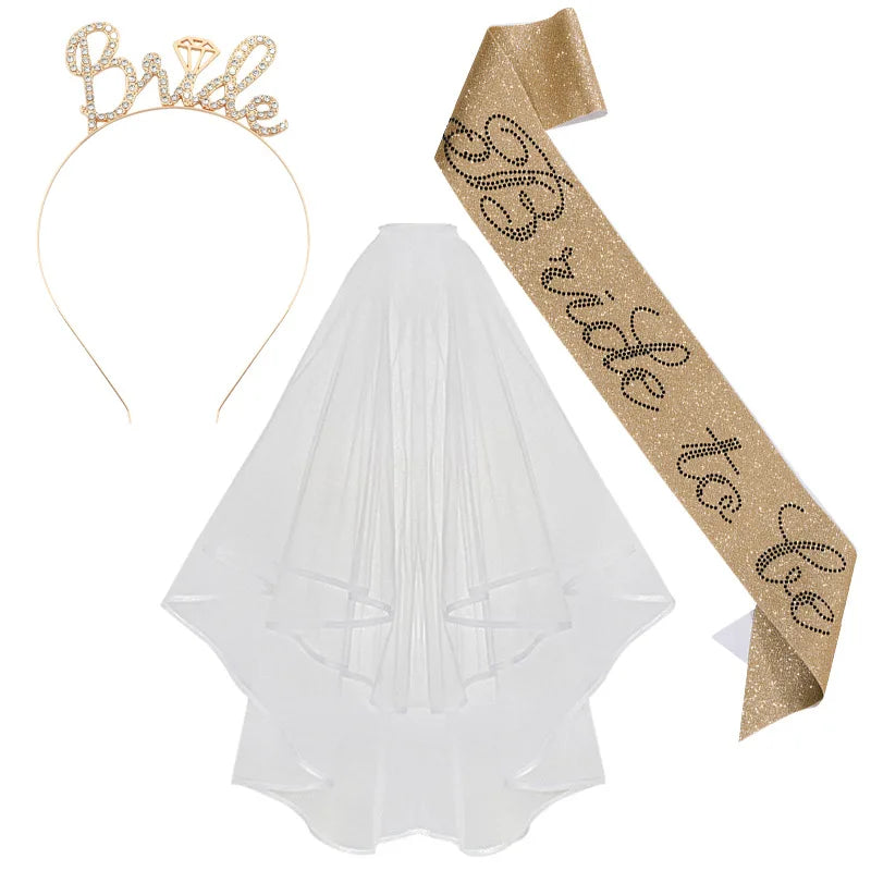 3-piece Set Bride to Be Crown Headband Shoulder Strap Wedding Veil Set for Bridal Shower WB007