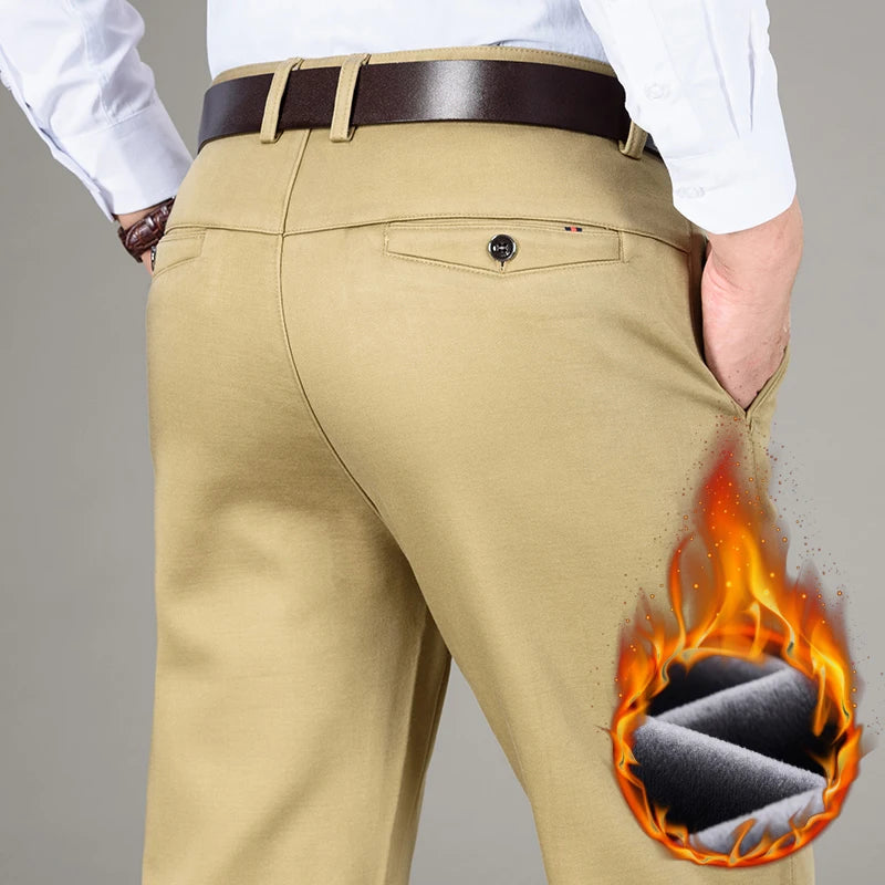 5 Colors Winter Men's Warm Fleece Casual Pants Classic Style Business Fashion Straight Khaki Modal Thick Trousers Male Brand