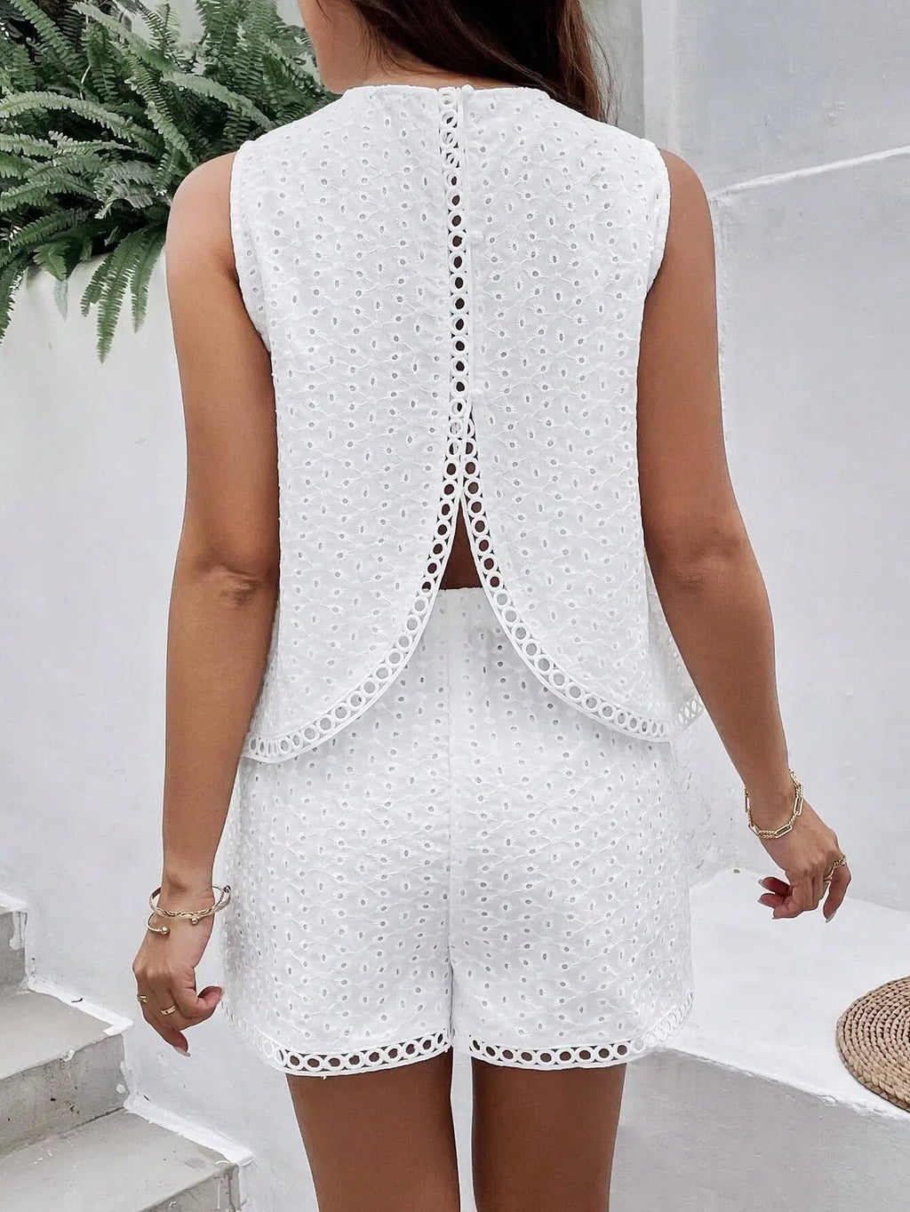Hollow Out Embroidery Sexy Two-piece Set Camisole Vest Short Set Summer Vacation Style Outerwear Sleeveless Top Shorts Women's