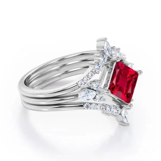 925 Sterling Silver 18K Gold Plated Princess Cut Lab Created Ruby Classic Solitaire Double Crown Engagement Ring for Party