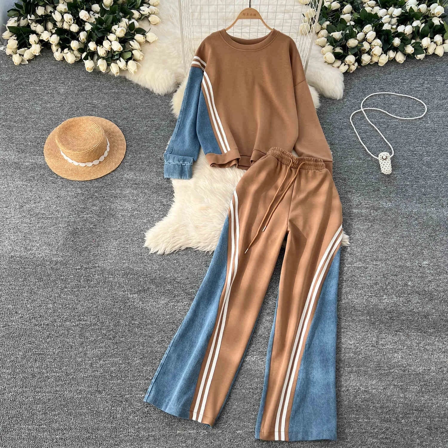 Autumn Winter New Women Sports Style Elegant Contrasting Set Pullover Top Drawstring Pants