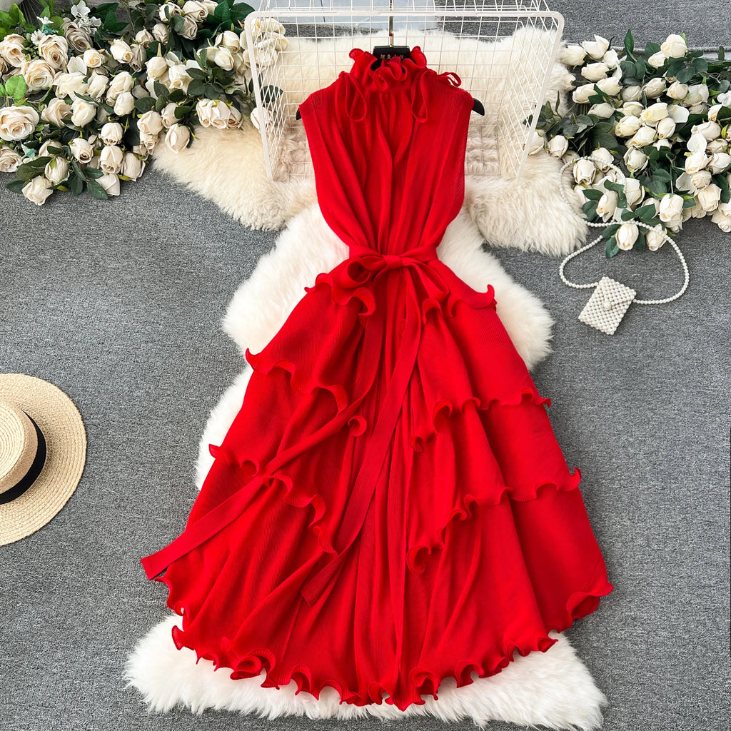 LE2509 Exquisite Chiffon Midi Pleated Dress Lady Elegant Lotus Collar Evening Gown Lady Boutique Socialite Holiday Banquet Dress