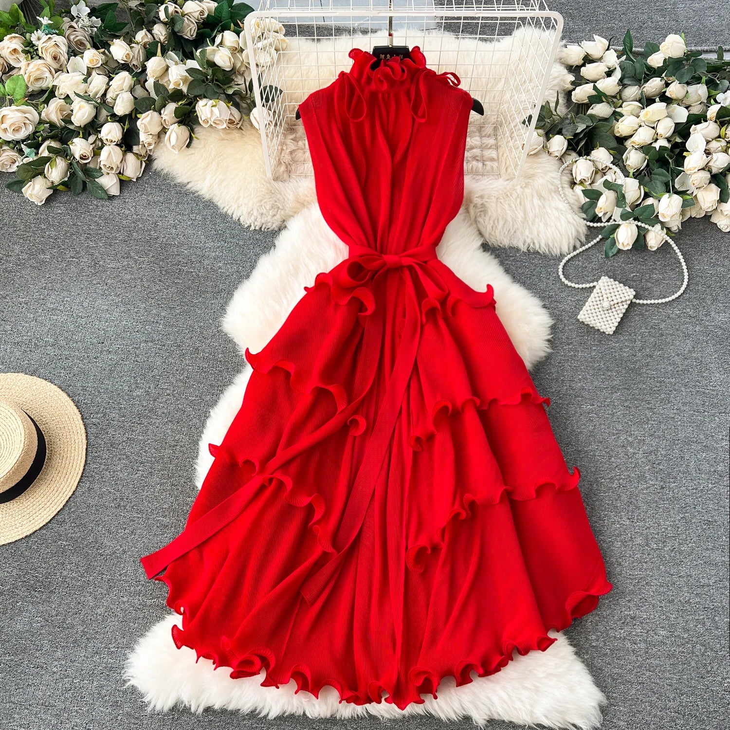 LE2509 Exquisite Chiffon Midi Pleated Dress Lady Elegant Lotus Collar Evening Gown Lady Boutique Socialite Holiday Banquet Dress