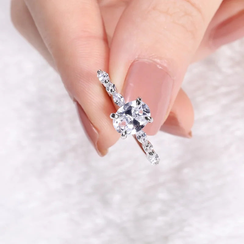 OAHLAN Women's 925 Sterling Silver Engagement Ring Oval Cut Cubic Zirconia Solitaire Halo Promise Ring Jewelry Fine Rings