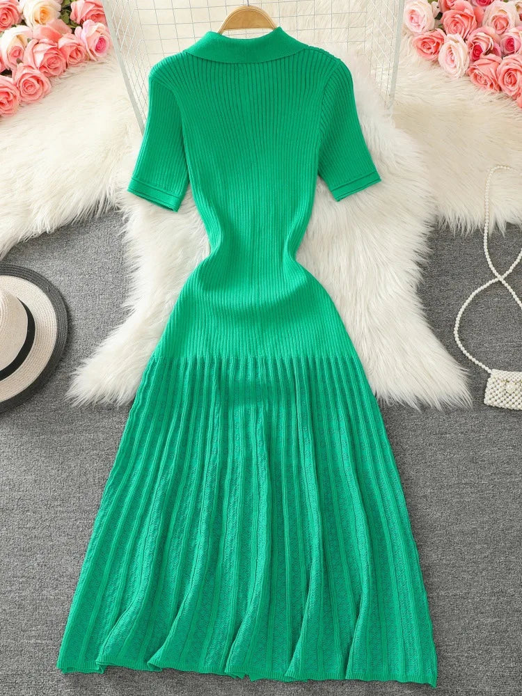 Button Lapel Slim Fit Knitted Short Sleeve Collar Wholesale Sweater Rib Slim Ruffles Polo Casual Elegant Long Dress Women