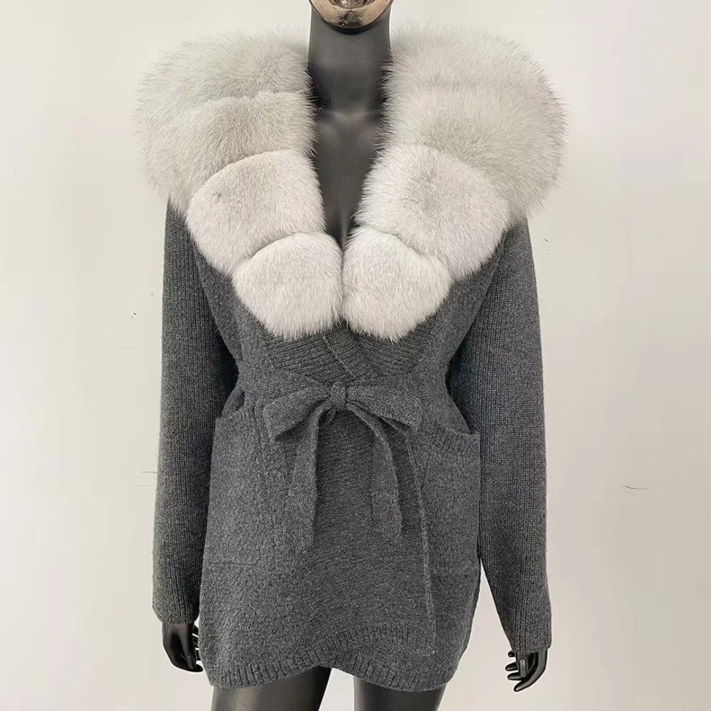 Women's New Spring Fashion Soft Midi Fox Fur Collar Knitted Cardigan Sweater Coat Casual Outerwear for Winter