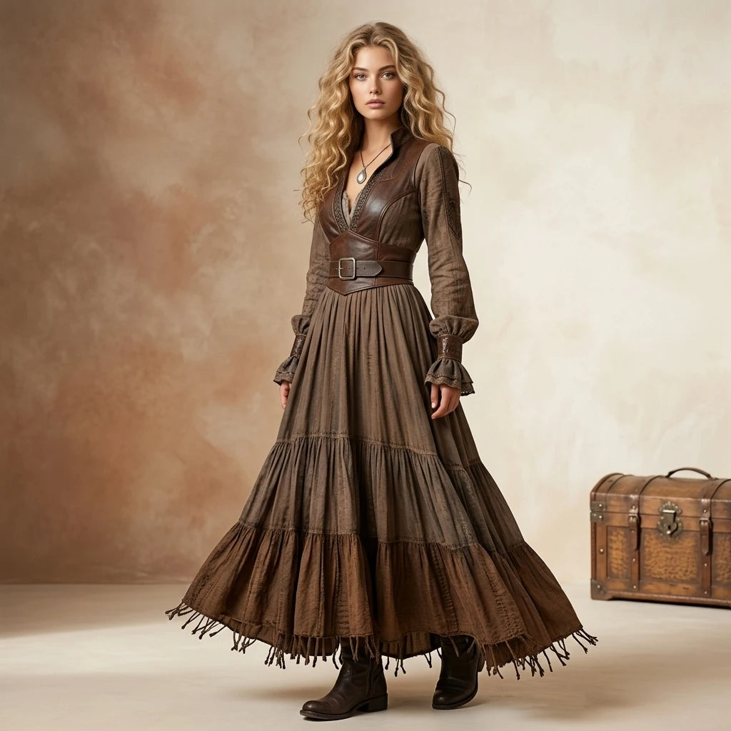 Vintage Women's Rustic Casual Dress Long Sleeve V-Neck Maxi Sexy Natural Spring Solid Pattern Front Pleating Digital Breathable