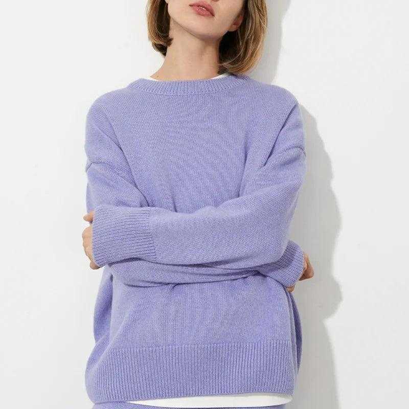 Women's Autumn New Crew Neck Solid Sweater Loose Long Sleeve Knitted Casual Pullover Versatile Top for Winter