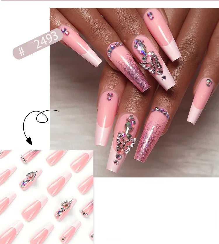 Dropshipping 24 Pcs French Style Romantic Art Acrylic Press on Nails Artificial Fingernails Candy False Nails Dating  Party 2792