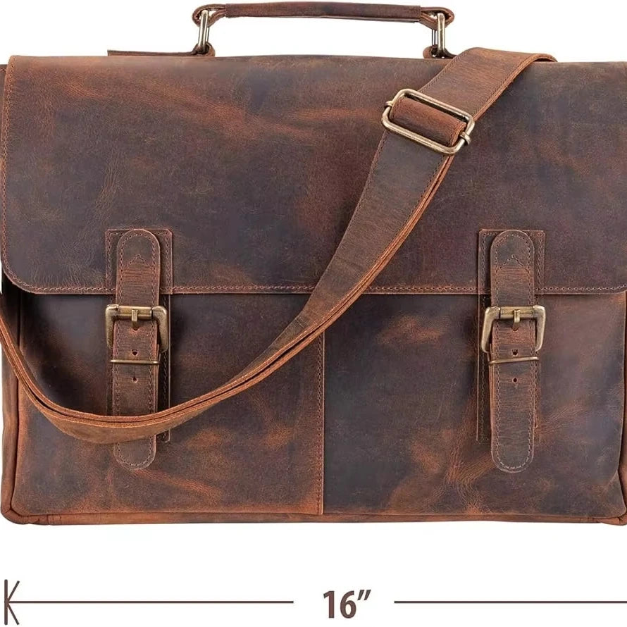 Men's and Women's Fashionable Genuine Leather Travel Messenger Office Crossbody Laptop Briefcase Protective College Satchel Bag
