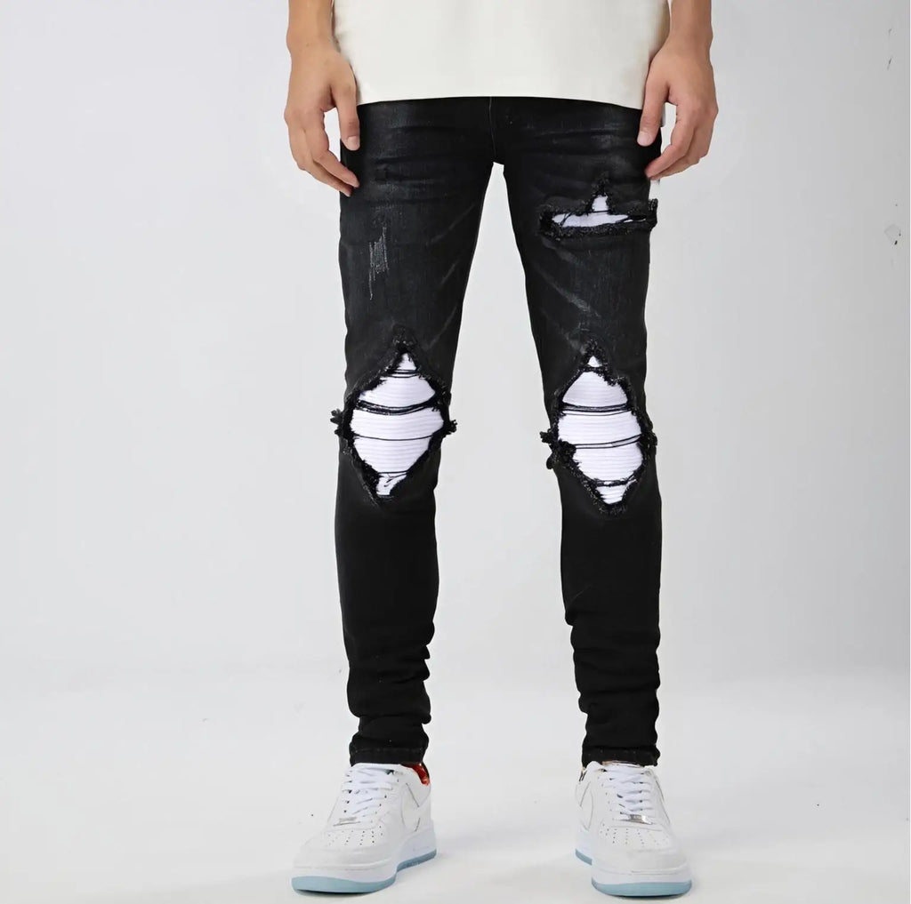 Wholesale Slim Fit Distressed Designer Patchwork Jeans Printed Patch Black Denim Trousers for Men Streetwear Winter Blue Hip Hop