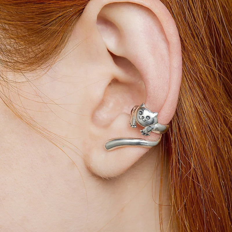 Antique Silver Cat Cuff Clip-on Earrings Women Cute Animal Shape Zircon Fashion Jewelry Alloy Material Four Seasons Versatile