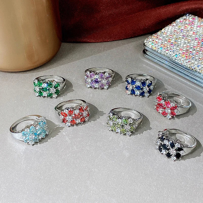 A038 Flower Cluster Ring Women's Lab Created Cubic Zirconia Oval Prong Setting Party Fashion Rings