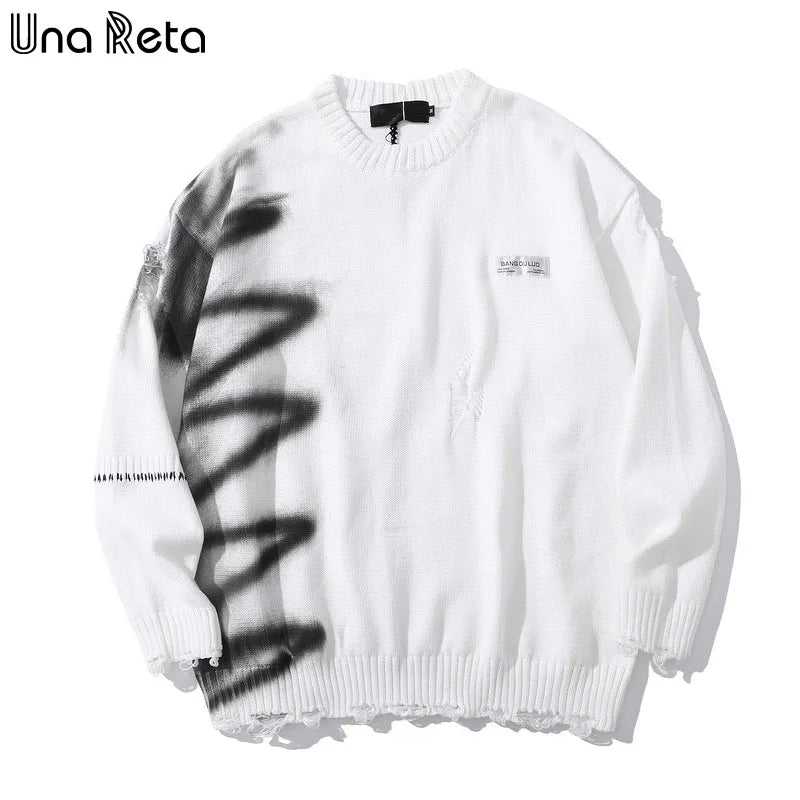 Una Reta Graffiti Sweater Men New Autumn Streetwear Men's Clothes Hip Hop Pullover Men Hole Oversize Couple Sweater