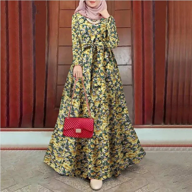 New Cross-Border Vintage Muslim Summer Dress Printed Sun Skirt Long-Sleeved Maxi Robe with Belt Polyester Flared Hem