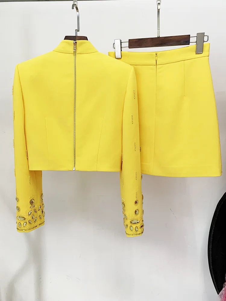 European Style Lady Office Work Suit Fine Workmanship Beading Rhinestone Turtleneck Tops Pencil Mini Skirt Women 2Pcs