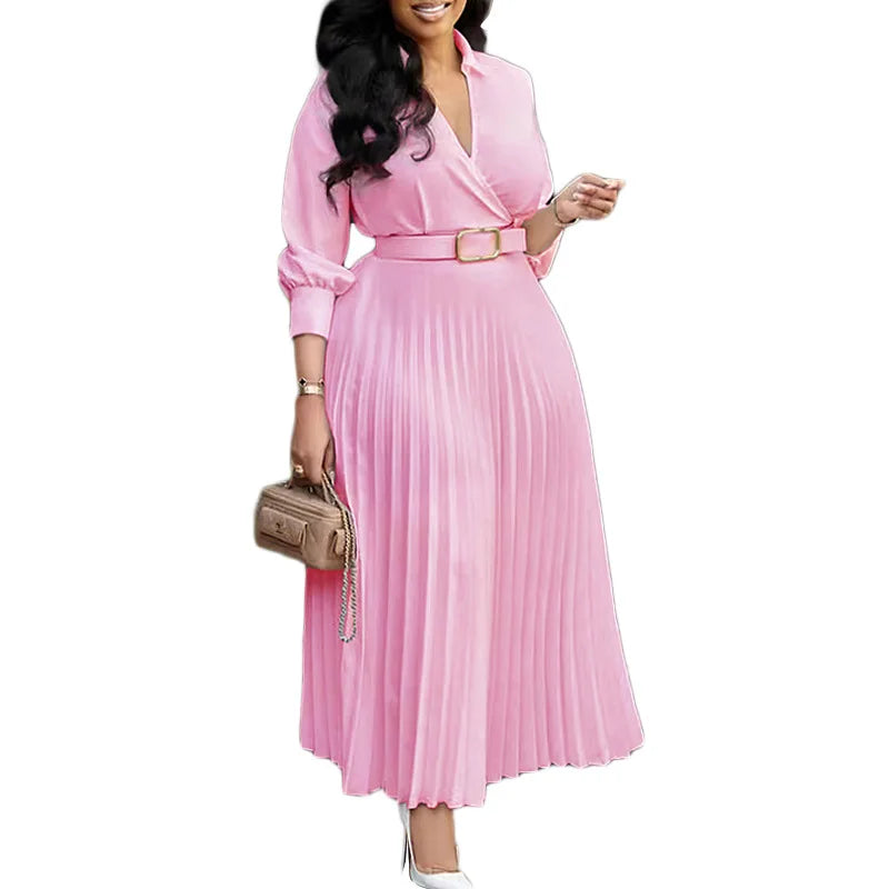 C8587 Trendy Casual Dresses Women Lady Elegant Solid Color Long Sleeve V-neck Pleated Ladies Office Dresses With Belt