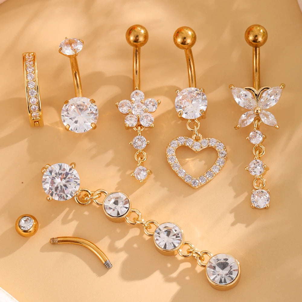 Set 6 Stainless Steel Gold-Plated Heart-Shaped Butterfly Navel Rings Cubic Zirconia 14G Bar Belly Button Piercing Rings Weddings