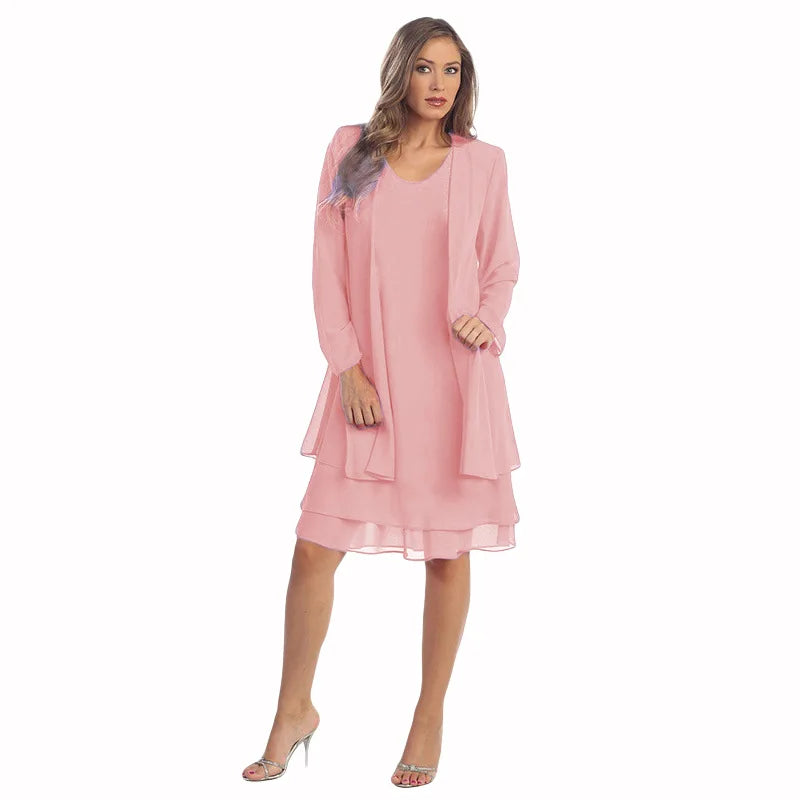 2 Pieces Chiffon Dress Set Women Casual Long Sleeve Solid Cardigan Dress Elegant Wedding Evening Party Dresses Clothing Vestidos