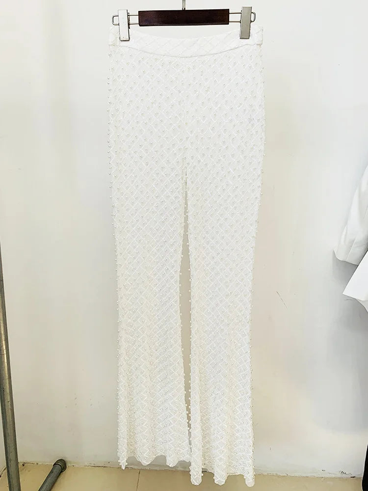 2026 Spring Lady Fine Workmanship Beading Solid Suit Long Sleeve Hollow Out Waist Blazer See-through Flared Pants Women 2Pcs