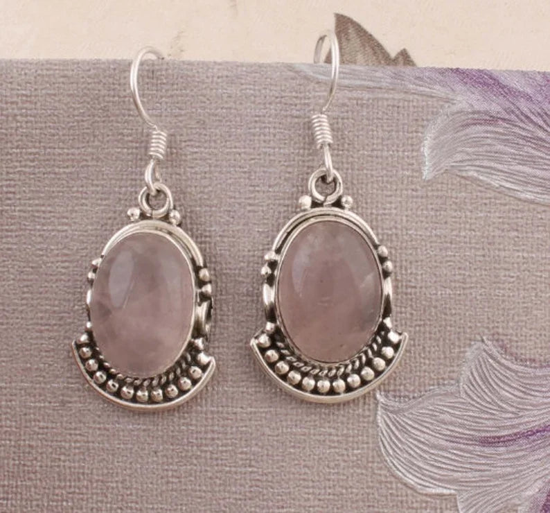 925 Sterling Silver Natural Rose Quartz Oval Shaped Hoop Earrings Rhodium Plated Minimalist Wedding for Women Direct Factory