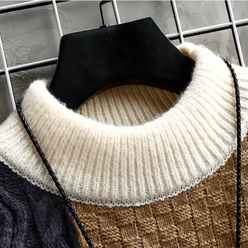 2023 Autumn and Winter New Sweater Warm Fashion Stitching Color Matching Pullover Round Neck Sweater Thickened Knitted Sweater