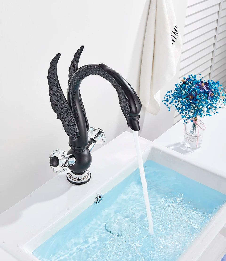Luxury Gold Swan Basin Faucet Deck Mounted Bathroom Faucet Hot and Cold Water Mixer Tap Bath Water Faucet Basin Sink Taps