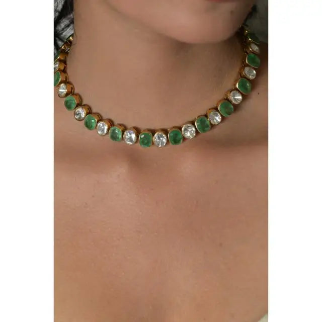 Green Trendy New Fashion Indian Bollywood Traditional Crystal Wedding Choker Brass Necklace Copper Alloy Bridal Jewellery Set