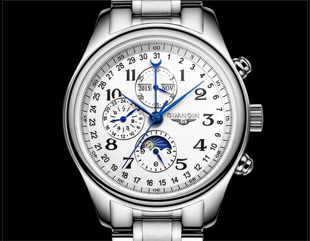 GUANQIN Leather Steel Mechanical Sapphire Men Watches Top Brand Luxury Waterproof Automatic Wristwatch Calendar Moon Phase