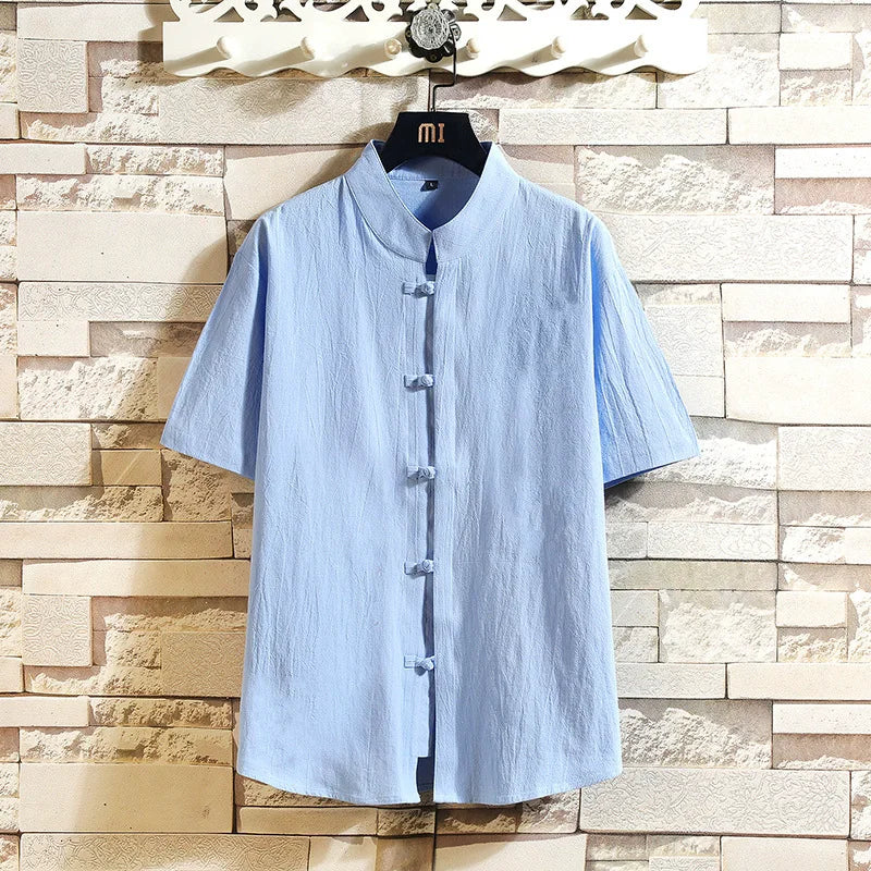 10%OFF M-5XL Summer Chinese Monsoon Cotton and Linen Casual Loose Stand Collar Short-sleeved Shirt Buckle Retro Printed Shirt