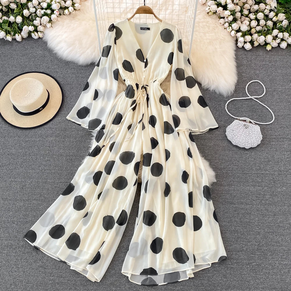 Flared Sleeve Polka Dot Print V-Neck Jumpsuit Wide Leg Jumpsuit